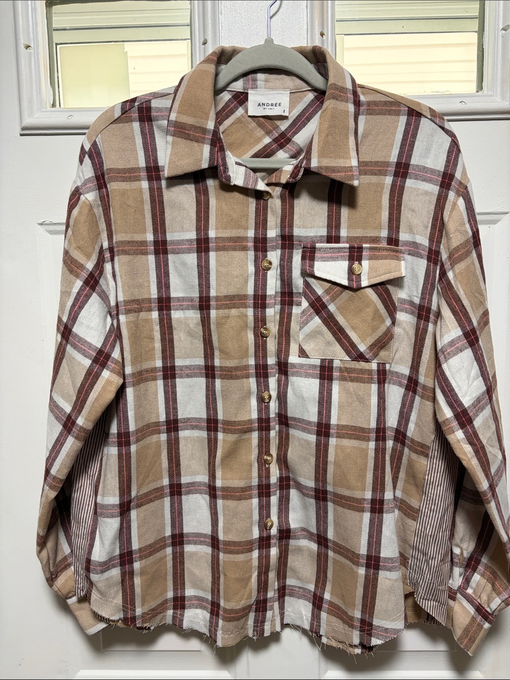 Andree Plaid Button-Down Shirt in Tan, White & Maroon